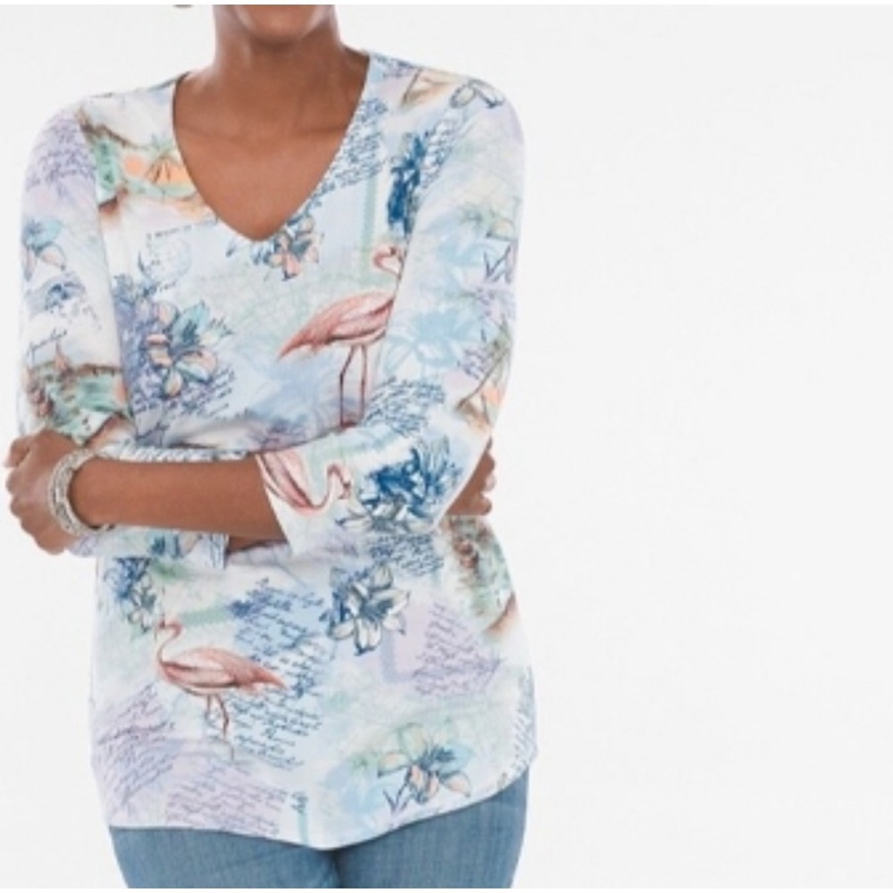 Chicos Tropical Postcard Flamingo V-Neck 3/4‎ Sleeve Top Size 1 Medium